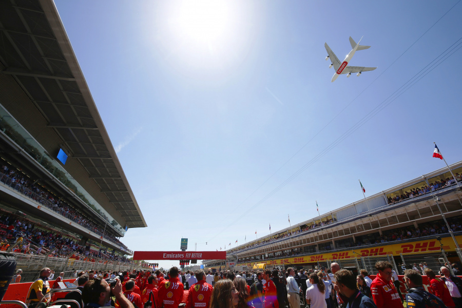 Emirates’ newest A380 aircraft performed a low-level flyby over the ongoing Formula 1 Spanish Grand Prix.
Gallery: Emirates flyby over Formula 1 Spanish Grand Prix