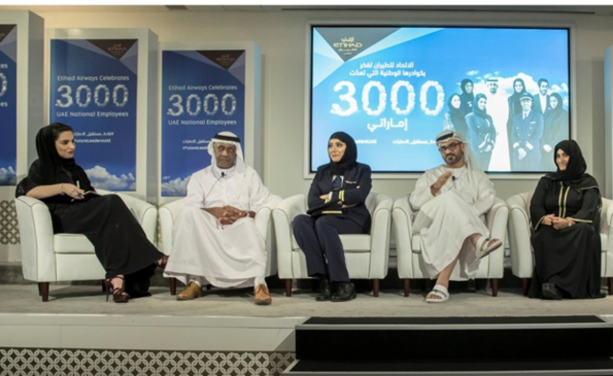 Etihad Airways’ UAE national employees taking part in a panel discussion included: (left to right) head of corporate communications Amina Taher; senior vice president, security and national pilot development, Salah Awadh Alfarajalla; first officer Muna Al Hammadi; vice president Emiratisation strategy Ali Al Shamsi; and guest service agent Ameena Al Marzooqi Etihad Airways’ UAE national employees taking part in a panel discussion included: (left to right) head of corporate communications Amina Taher; senior vice president, security and national pilot development, Salah Awadh Alfarajalla; first officer Muna Al Hammadi; vice president Emiratisation strategy Ali Al Shamsi; and guest service agent Ameena Al Marzooqi