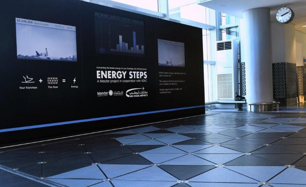 The footsteps of around 8,000 travellers per day are being captured and converted into electrical energy to track footfall data and power lighting along the walkway. The footsteps of around 8,000 travellers per day are being captured and converted into electrical energy to track footfall data and power lighting along the walkway.