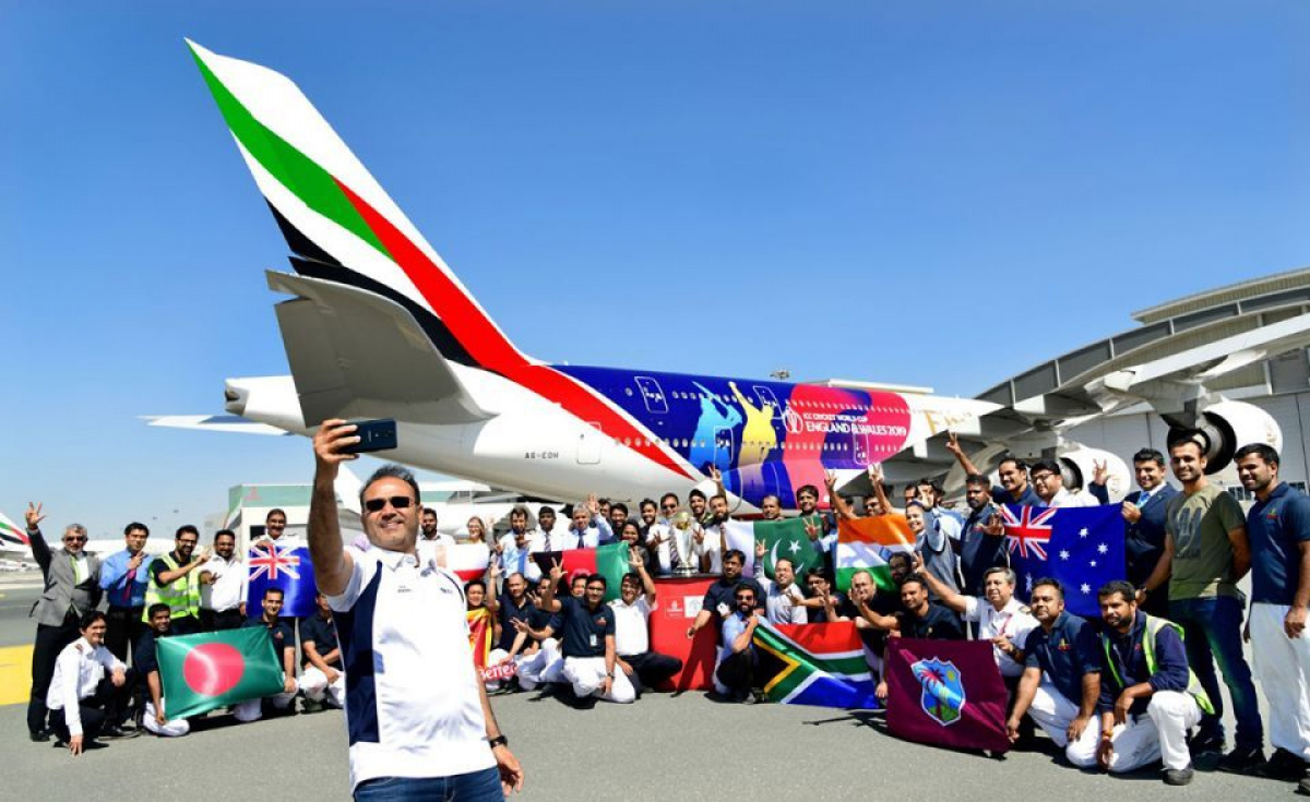 In March this year, former Indian cricketer and Member of the Men’s World Cup 2011 winner Virender Sehwag, along with Emirates-sponsored Lancashire team players Tom Bailey and Saquib Mahmood, helped to launch the ICC Cricket World Cup 2019 themed Emirates A380 livery aircraft out of the Emirates engineering hangar. In March this year, former Indian cricketer and Member of the Men’s World Cup 2011 winner Virender Sehwag, along with Emirates-sponsored Lancashire team players Tom Bailey and Saquib Mahmood, helped to launch the ICC Cricket World Cup 2019 themed Emirates A380 livery aircraft out of the Emirates engineering hangar.