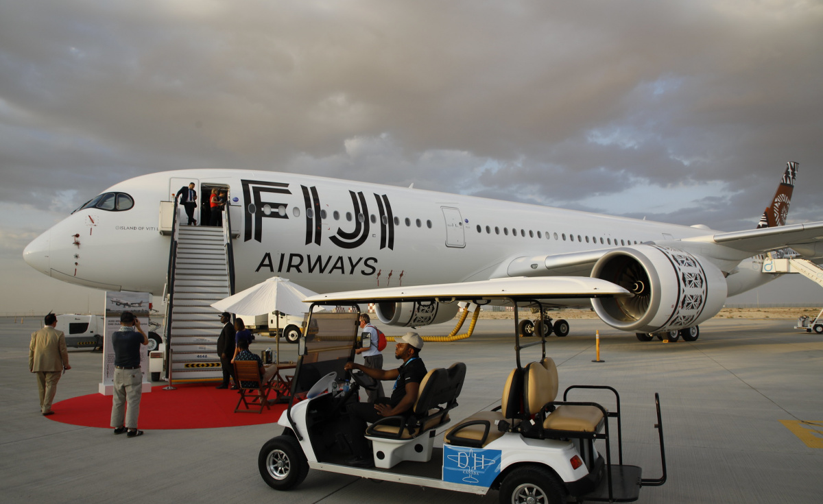 Fiji Airways took delivery of its first A350-900s in November. This A350 was exhibited on the tarmac at the Dubai Airshow. Fiji Airways took delivery of its first A350-900s in November. This A350 was exhibited on the tarmac at the Dubai Airshow.