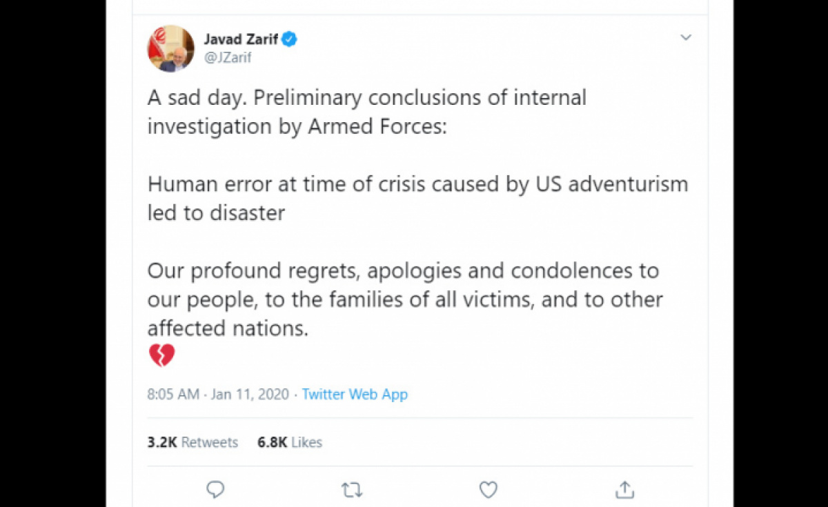 Iran's foreign minister tweeted revealing the findings of an initial investigation into the cause of the crash. Iran's foreign minister tweeted revealing the findings of an initial investigation into the cause of the crash.